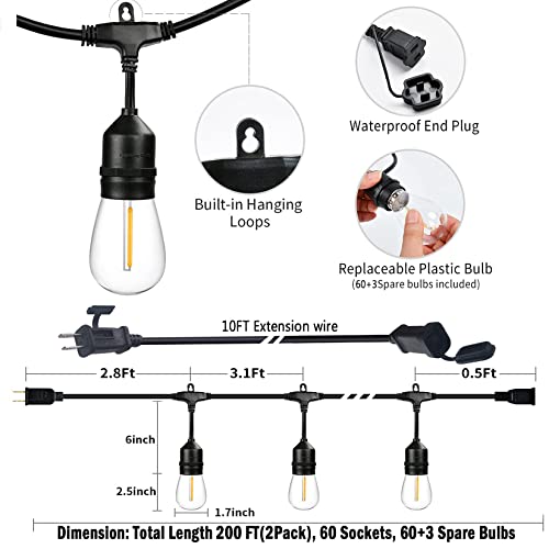 200FT String Lights for Outside LED Patio Lights Outdoor Waterproof with 63 Shatteproof Edison Lights Outdoor String Lights 2200K for Patio Gazebo Pergola Café - size: 200FT