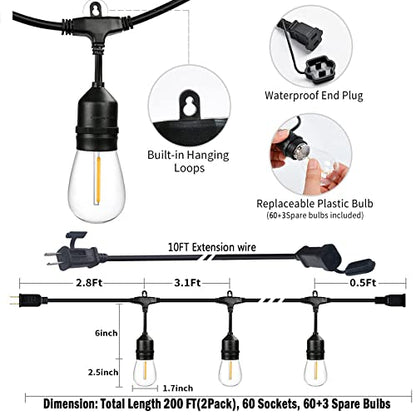200FT String Lights for Outside LED Patio Lights Outdoor Waterproof with 63 Shatteproof Edison Lights Outdoor String Lights 2200K for Patio Gazebo Pergola Café - size: 200FT