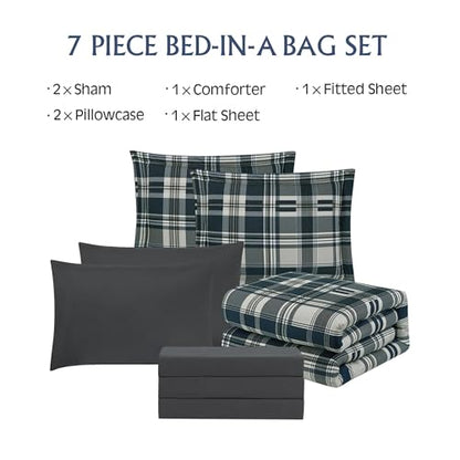 MaiRêve Queen Size Comforter Set Navy Blue, Classic Plaid Farmhouse 7 Pieces Bedding Set, All Season Lightweight Bed in a Bag with Sheets, Pillowcases & Shams - color: Navy Blue, size: Queen