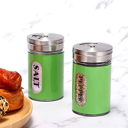 Salt and Pepper Shakers Stainless Steel and Glass Set with Adjustable Pour Holes (Green) - color: Green