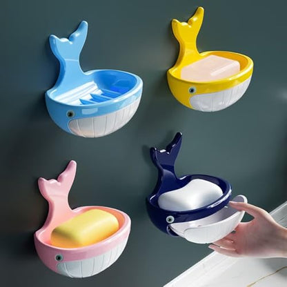 Soap Holder Shower Dish bar Wall Bathroom Shampoo Dishes Caddy Mounted Sponge Adhesive Tray Bath Shelf Draining Dishes Cute Whale Design Bathtub Kitchen Sink jabonera para baño，Yellow - color: B-yellow