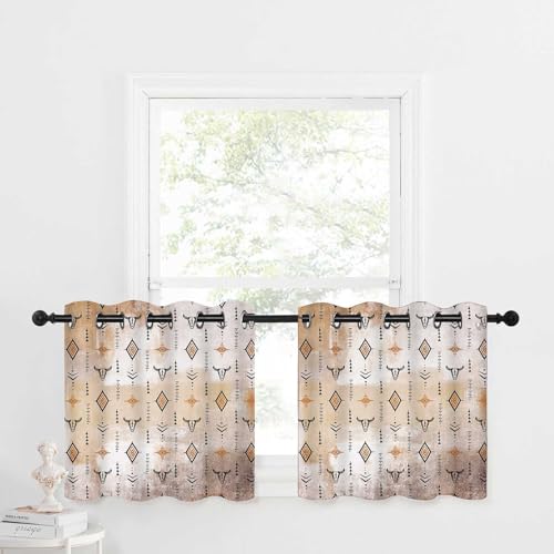 Aztec Western Blackout Small Curtains for RV Cafe, Tribal Bull Skull Boho Grommet Short Thermal Insulated Curtain Native Ethnic Rustic for Kitchen Bedroom Bathroom Privacy Drapes 2 Panels, 52x36in - color: Orange Black, size: 52"W x 36"L (Pack of 2)