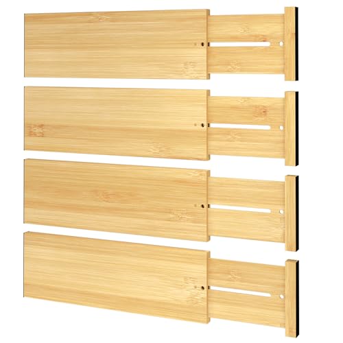 BAMEOS Bamboo Expandable Drawer Dividers – Fits 12.2"–17" Drawers, 4" Extra Deep Walls, Set of 4 | Tall Spring-Loaded Separator for Baby Dresser, Sock Drawer & Bathroom Cabinet - size: 4''H, 12.2''-17''L