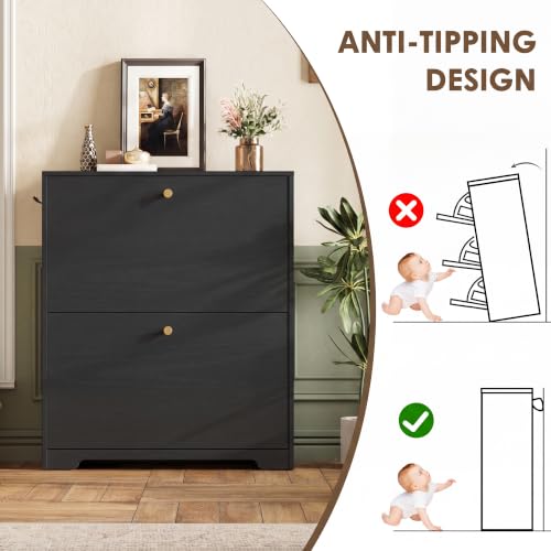 Nicetree Shoe Cabinet with 2 Flip Drawers, Narrow Shoe Organizer Cabinet, Freestanding Shoe Rack Cabinet, Modern Shoe Storage Cabinet for Entryway, Hallway, Foyer, Black - color: Black, style: 2-Drawers