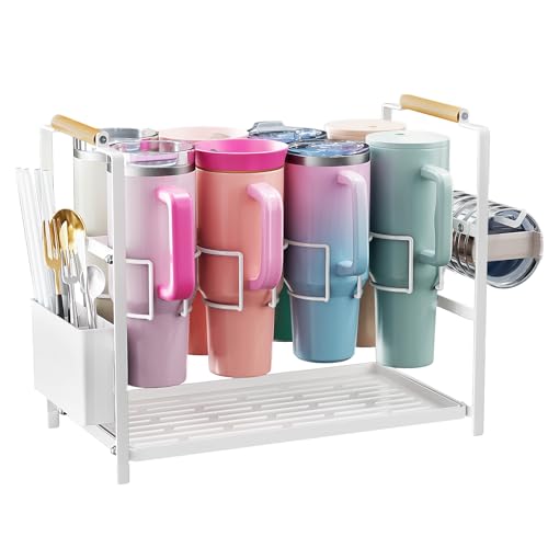 Housolution Water Bottle Organizer Drying Rack for 40 oz Tumbler with Handle, Multifunctional Cup Storage Holder Compatible with Stanley, Owala, Simple Modern and Other Brands, White (Patented) - color: White, style: 8 Slots, for 40oz Cups