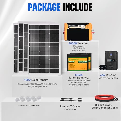 ECO-Worthy 1.6KWH Complete Solar Panel Kit 400W 12V for RV Off Grid: 4 * 100W Solar Panel + 40A MPPT Controller + 2 * 12V 100Ah Lithium Battery + Upgraded 2000W Power Inverter + Bluetooth Module - style: Pro 400W Complete Kit