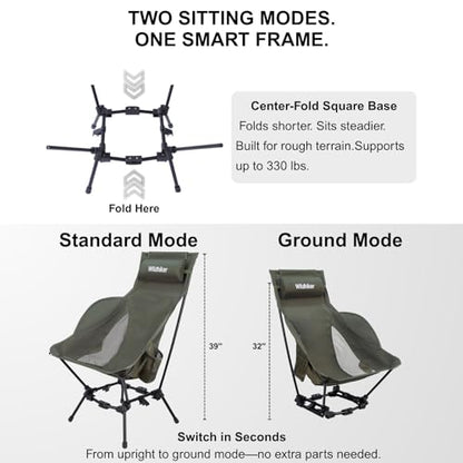 Wildhiker Compact High Back Camping Chair - Foldable with Dual Sitting Modes, Pillow, Arm Pads and Side Pockets - Lightweight Portable Chair for Motorcycle, RV, Festival, Travel - Green - color: Green