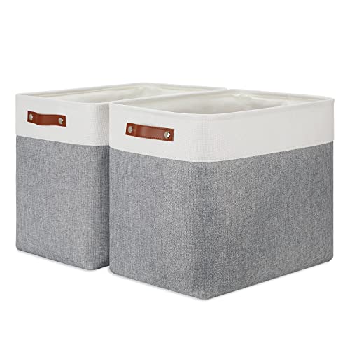 DULLEMELO Extra Large Storage Baskets, Fabric Storage Bins for Organizing Shelves Nursery Toys Books, Closet Baskets and Bins with Handles, White&Grey, 2-Pack - color: White&Grey-Leather Handles, size: Extra Large-17"x12"x15"