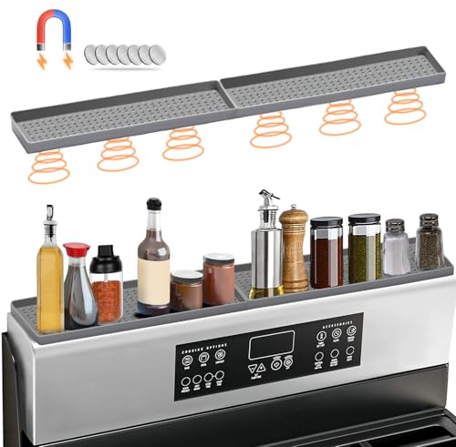 BFONS 30" Magnetic Stove Top Shelf Spice Rack Storage, Silicone Top Heat Material Stove Rack Shelf Flexible Seasoning Organizer Kitchen Shelves Gadgets with 2 Functional Prtitions for Kitchen （Grey） - color: Grey