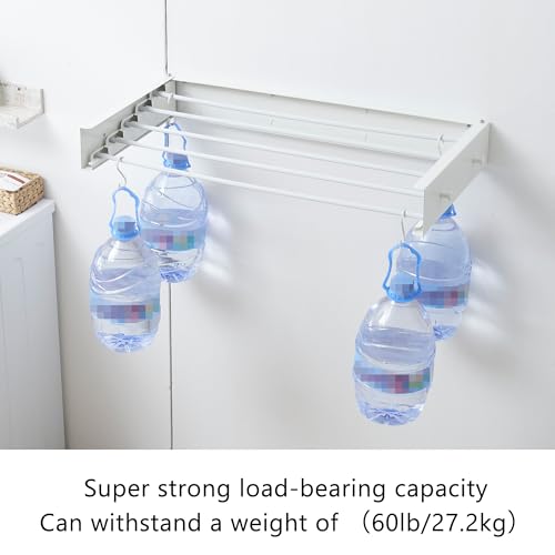 Clothes Drying Rack,Laundry Hanging Rack Collapsible,Wall Mounted Drying Rack for Laundry,Foldable Drying Rack Indoor Outdoor,31.5" Wide,5 Aluminum Rods with Hooks, 60 lb Capacity (White 31.5" Hooks) - size: 31.5 Inch with hooks