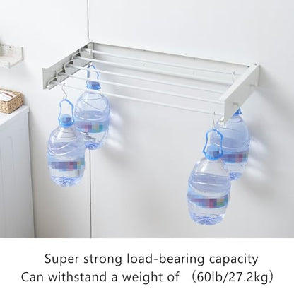 Clothes Drying Rack,Laundry Hanging Rack Collapsible,Wall Mounted Drying Rack for Laundry,Foldable Drying Rack Indoor Outdoor,31.5" Wide,5 Aluminum Rods with Hooks, 60 lb Capacity (White 31.5" Hooks) - size: 31.5 Inch with hooks