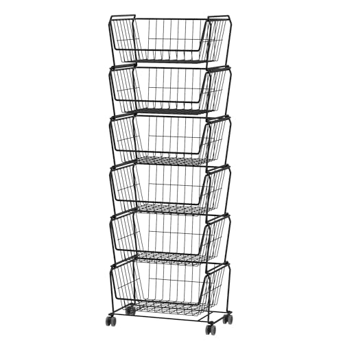 PUSDON 6-Tier Tall Stackable Wire Storage Baskets with Wheels, Vertical Metal Rolling Utility Cart, High Capacity Produce Basket for Kitchen Pantry, Snack Organizer, Matte Black - color: Matte Black, size: 6 Tier Standard