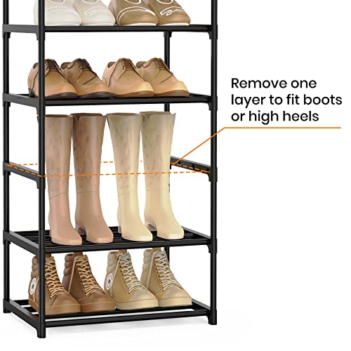 Narrow Shoe Rack 10 Tiers Tall Shoe Rack for Entryway Closet 20 24 Pairs Shoe & Boots Organizer Storage Shelf Durable Black Metal Stackable Shoe Cabinet with Hooks, 17.1D x 11.8W x 78.7H in - color: Black