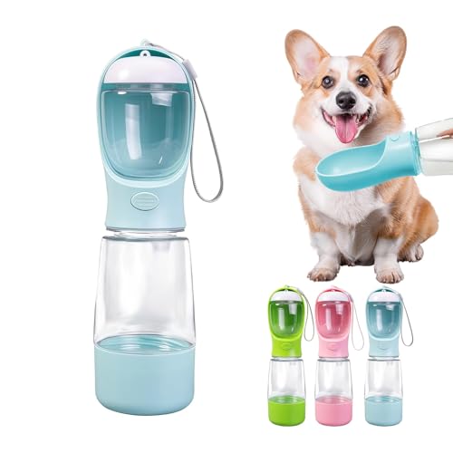 Portable Pet Water Bottle with Dispenser Bowl, 13.5 oz, Food-Grade Plastic, Manual Pressure Dispensing, Travel Water Bottle for Dogs and Cats (Blue) - color: Blue