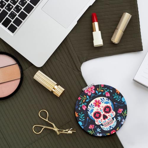 Mexican Sugar Skull and Flowers Print Foldable Travel Pocket Mirror Round PU Leather Portable Mini Makeup Double Sided Handheld Magnifying,2.6 in - color: Mexican Sugar Skull and Flowers