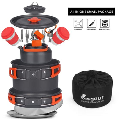 Bisgear Camping Cookware Kettle Backpacking Stove Mess Kit, Camping Pots and Pans Set with Cups Plates Utensils, Camping Kitchen Accessories Cooking Set Survival Gear