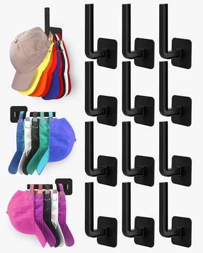 Hat Rack for Hat Storage (12-Pack), Multi-Purpose Hat Organizer, Strong Adhesive Hat Hooks for Wall Hat Organizer for Baseball Caps, Two Mounting Options Hat Hook, Black - color: Black, style: 12-pack