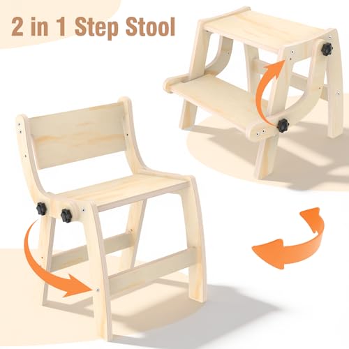 Toddler Step Stool, Foldable Step Stool for Kids, Convert to Chair, Toddler Stool for Bathroom Sink & Potty Training, Wooden Step Stools w Non Slip Base for Kitchen, Bedroom - color: Natural Wood