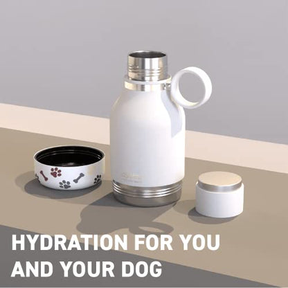 asobu Buddy Bottle, a Stainless Steel Insulated Water Bottle with Removable Dog Water Bowl and Dog Food and Treat Storage plate (White, 37 oz Water Bottle with 2 Bowls) - color: White
