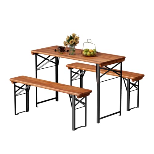 VINGLI 45 Inch Folding Picnic Tables with Benches Set, Weather-Resistant Wooden Beer Garden Table Bench, 3-Piece Portable Fold Up Camping BBQ Table,Walnut Color - color: Walnut Color, size: 4FT