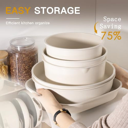 Astercook 23 Pcs Pots and Pans Set Non Stick, Ceramic Cookware Set Detachable Handle, RV Kitchen Cooking Set Removable Handles, Oven Safe, Induction Ready, Stackable, Cream, Fathers Day Gift for Men - color: Cream White, size: 23 Piece