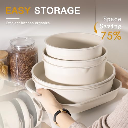 Astercook 23 Pcs Pots and Pans Set Non Stick, Ceramic Cookware Set Detachable Handle, RV Kitchen Cooking Set Removable Handles, Oven Safe, Induction Ready, Stackable, Cream, Fathers Day Gift for Men - color: Cream White, size: 23 Piece