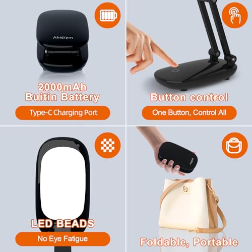 Akejrym LED Desk Lamp for Office Home & Battery Operated Lamp Rechargeable Lamp Foldable & Portable Light, [2-Fold Bracket] 3 Brightness Dimmable Small Desk Lamp Wireless Reading Lamp (Black) - color: Black