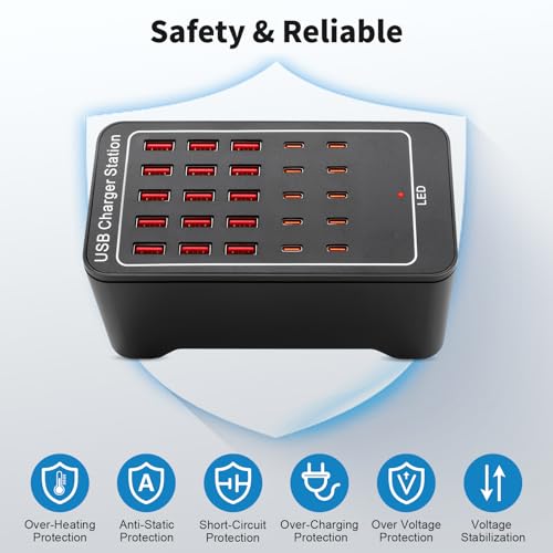 USB~C Charger Block, 125W(25A) 25 Port (15 USB A & 10 USB~C Port) Multiple Charging Station, Desktop Wall Charger Compatible with iPhone, iPad, Tablets, Smartphones