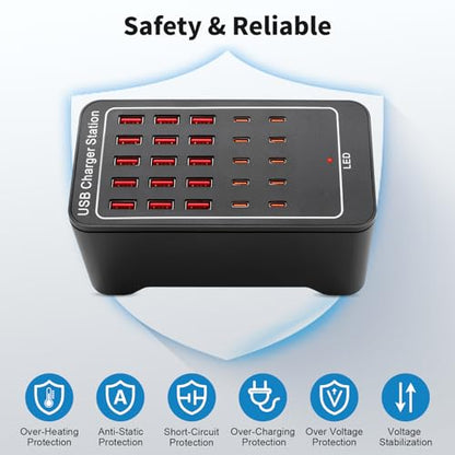 USB~C Charger Block, 125W(25A) 25 Port (15 USB A & 10 USB~C Port) Multiple Charging Station, Desktop Wall Charger Compatible with iPhone, iPad, Tablets, Smartphones