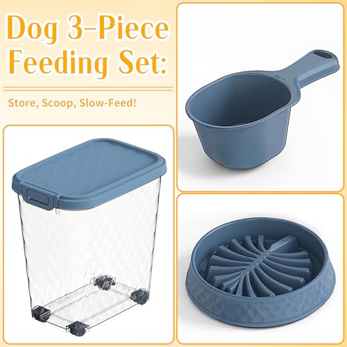 Pet Food Storage Container with Wheels Resin Capacity Dog Food Container with Slow Feeder Bowl and Scoop Easy to Move to Keep Food Fresh for Dogs, Cats, Birds（Blue,Quantity 1） - color: Blue