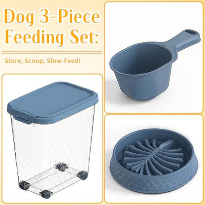 Pet Food Storage Container with Wheels Resin Capacity Dog Food Container with Slow Feeder Bowl and Scoop Easy to Move to Keep Food Fresh for Dogs, Cats, Birds（Blue,Quantity 1） - color: Blue