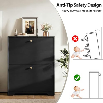 Nicetree Shoe Cabinet with 2 Flip Drawers, Narrow Shoe Organizer Cabinet, Freestanding Shoe Rack Cabinet, Modern Shoe Storage Cabinet for Entryway, Hallway, Foyer, Black with Hook - color: Black, style: 2-Drawers with Hook