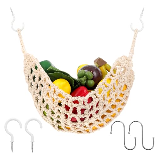 Hanging Fruit Hammock with Hooks Under Cabinet Macrame Basket for Kitchen Hand-Woven Boho Fruit Holder Net Organization Banana Basket for Home Dining Room Cabinet Decor Boat Camper Rv - color: Khaki