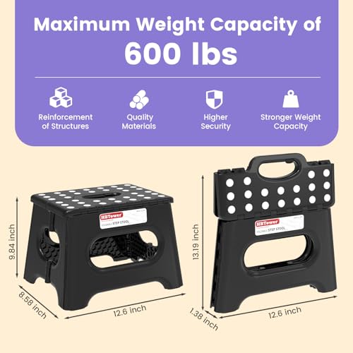 HBTower Folding Step Stool 9 Inch - Holds 600 lb, Non-Slip Surface & Carry Handle - Sturdy Step Stool for Kids, Toddlers & Adults - Compact Foldable Foot Stool for Kitchen, Bathroom, Bedroom, Outdoor - color: Black