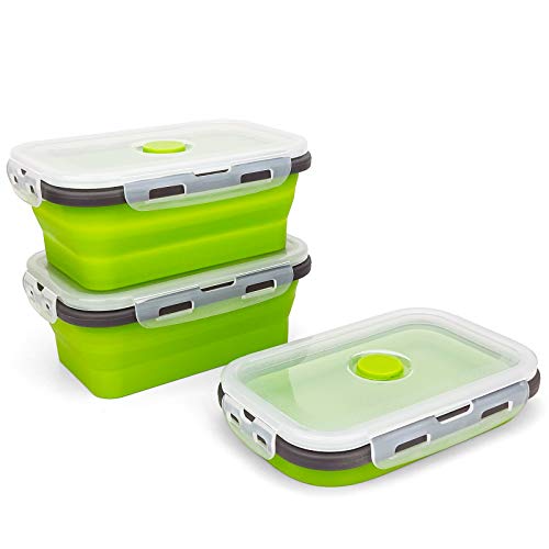 CARTINTS Set of 3 Collapsible Food Storage Containers with Lids, Collapsible Silicone Bowls, Silicone Lunch Containers, For Meal Prep, Camping, Travel, Microwave and Freezer Safe,500ml,Green - color: green