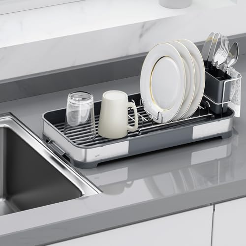 Glad Stainless Steel Dish Drying Rack - Small Space Saving Dish Drainer with Removable Cutlery Holder, Drain Spout, and Towel Bar - Rust-Resistant Metal Rack for Kitchen Countertops, (8”W x 17.5”L) - size: Compact