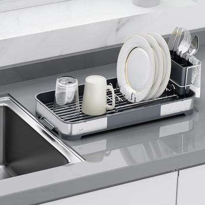 Glad Stainless Steel Dish Drying Rack - Small Space Saving Dish Drainer with Removable Cutlery Holder, Drain Spout, and Towel Bar - Rust-Resistant Metal Rack for Kitchen Countertops, (8”W x 17.5”L) - size: Compact