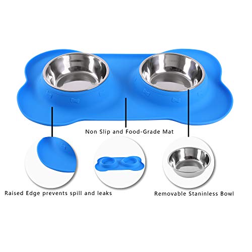 Hubulk Pet Dog Bowls 2 Stainless Steel Dog Bowl with No Spill Non-Skid Silicone Mat + Pet Food Scoop Water and Food Feeder Bowls for Feeding Small Medium Large Dogs Cats Puppies (Small, Blue) - color: Blue, size: Small