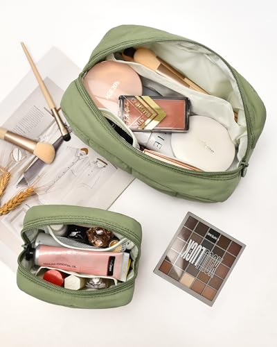 oscaurt 2 Pcs Makeup Bag Travel Toiletry Bag for Women Puffy Padded Cosmetic Pouch Purse Wide-open Makeup Organizer Case Travel Essentials - color: Army Green-Set