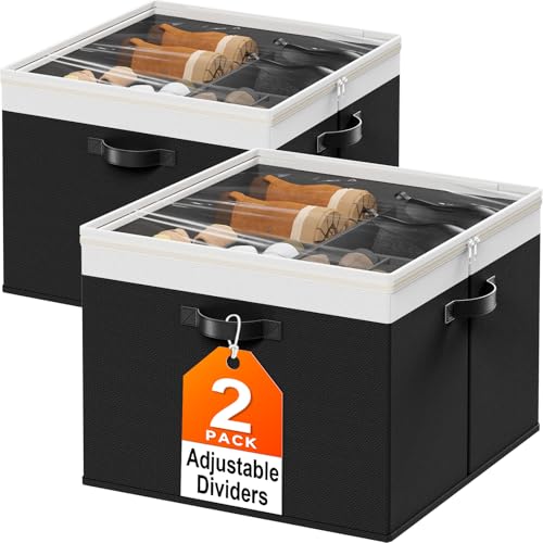 StoreHappily Shoe Organizer for Closet - 2 Packs Hold up to 32 Pairs, Large Shoe Storage Organizer Containers with Adjustable Dividers, Clear Cover, Leather Handles for Heels, Boots, Sneakers (Black) - color: Black