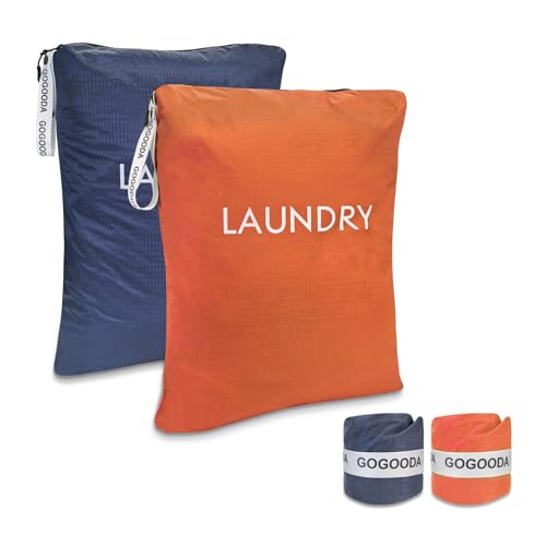 GOGOODA Travel Laundry Bags – Packable & Splash-Resistant Clothes Organizer with Handle | Lightweight, Foldable & Space-Saving for Suitcase, Gym, Beach & Business Trips (Navy Blue & Orange) - color: Navy Blue & Orange