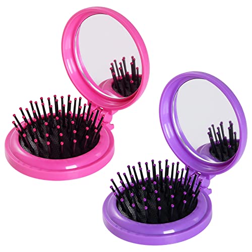 2pcs Folding Travel Mirror Hair Brushes Round Mirror Pocket Hair Brush Portable Mini Pop Up Hair Brushes for Women Girls Wet and Dry Hair - color: Rose Red, Purple
