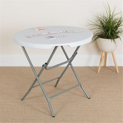 BOWERY HILL Round Folding Table, 31.5 in Diameter, Metal/Plastic, Granite White Finish, Non-Locking Legs, Waterproof and Stain Resistant, Compact Portable Table for RV, Camper, Outdoor Dining