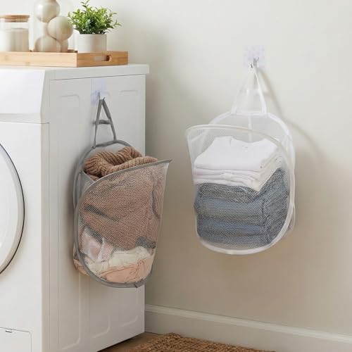 2 Pack Mesh Foldable Hanging Laundry Hamper, Small Wall Laundry Baskets Space-Saving Wall Hamper Portable Dirty Clothes Organizer for Home, Dorms, Hotels, RVs Grey White
