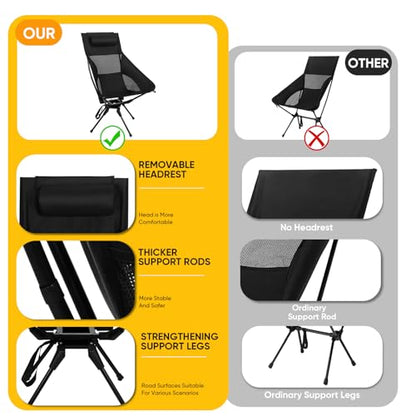 Swivel Portable Camping Chair, High Back Folding Chair with Detachable Pillow, Compact Lightweight Backpacking Chair for Outdoor, Travel, Beach, Hiking, Support 330 LBS, 1 Pack Black