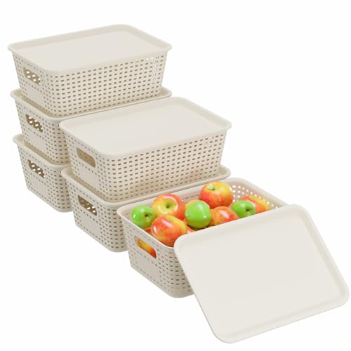 Resze 6 Pack Plastic Storage Baskets with Lids, Breathable Stackable Organizer Bins& Containers for Pantry, Desktops, Cabinet, Closet, Offices Organization Toys, Space Saving, Easy-Carry Handles,White - color: White