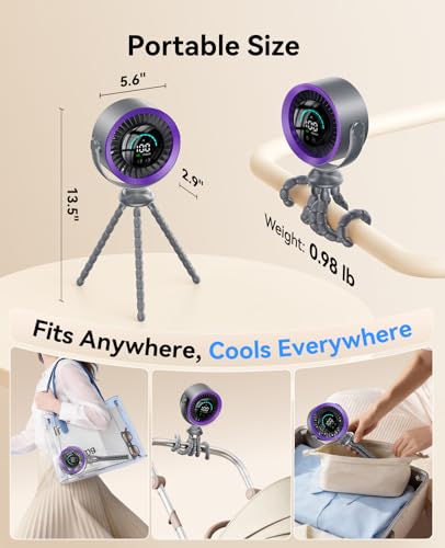 KIMMOO Portable Baby Stroller Fan, 360° Adjustable Quiet Rechargeable USB Fan with LED Display, 100 Speeds Safe Clip Fan for Stroller, Powerful Cooling Fan for Golf Car Seat Treadmill Travel, Grey - color: Grey
