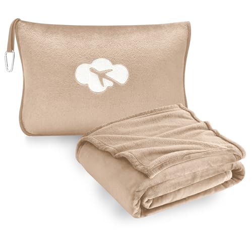 Travel Blanket and Pillow Compact, Premium Soft 2 in 1 Airplane Blanket with Soft Bag Pillowcase，Hand Luggage Sleeve and Backpack Clip (Brown) - color: Light Brown