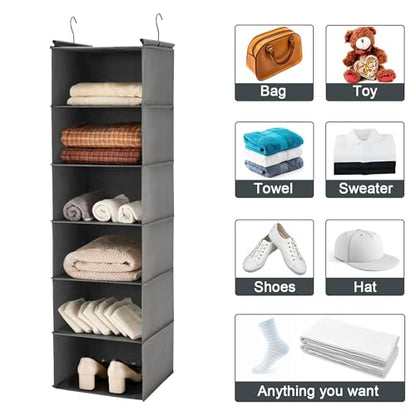 MAX Houser 6 Tier Shelf Hanging Closet Organizer, Closet Hanging Shelf with 2 Sturdy Hooks for Storage, Foldable (Grey) - color: Grey