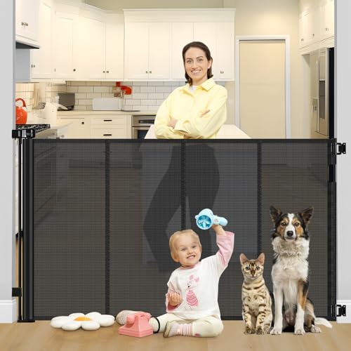 Reinforced 42" Tall X 80" Wide Retractable Dog Gate for Hallway Extra Tall Baby Gates for Dogs Indoor High Reinforced Bar Retractable Baby Gates for Doorways Extra Wide Pet Gate Outdoor, Black - color: Black, size: 42" Tall x 80" Wide（ With Reinforced Bar